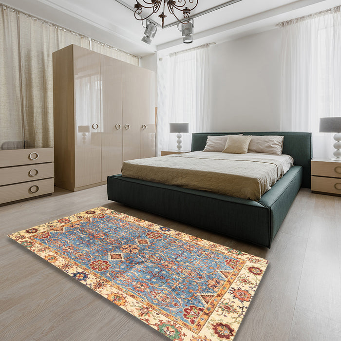 Abstract Tan Brown Oriental Rug in a Bedroom, abs3541