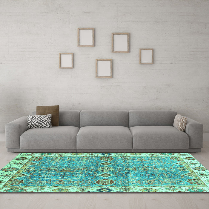 Machine Washable Oriental Turquoise Traditional Area Rugs in a Living Room,, wshabs3541turq