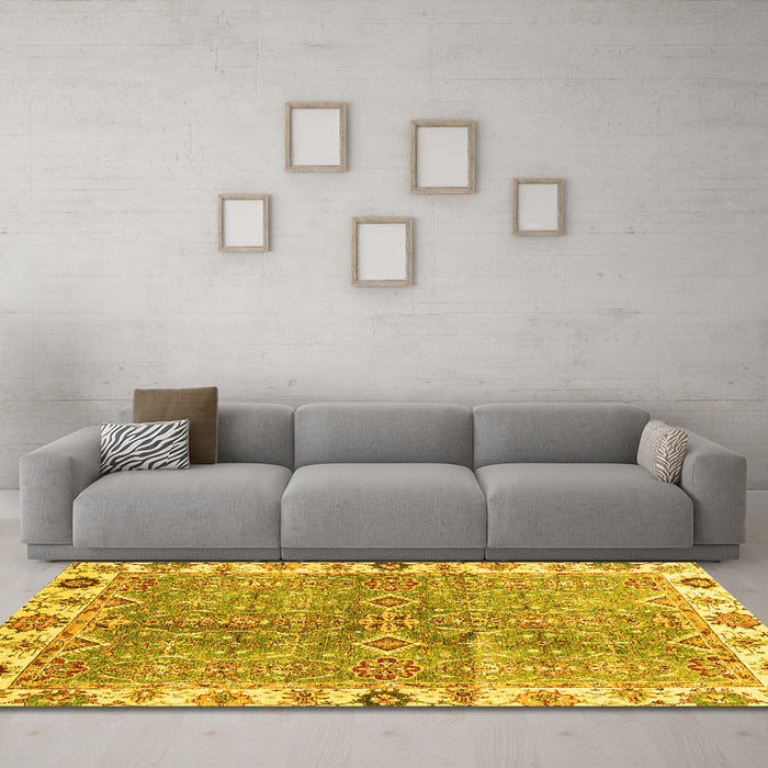 Machine Washable Oriental Yellow Traditional Rug in a Living Room, wshabs3541yw