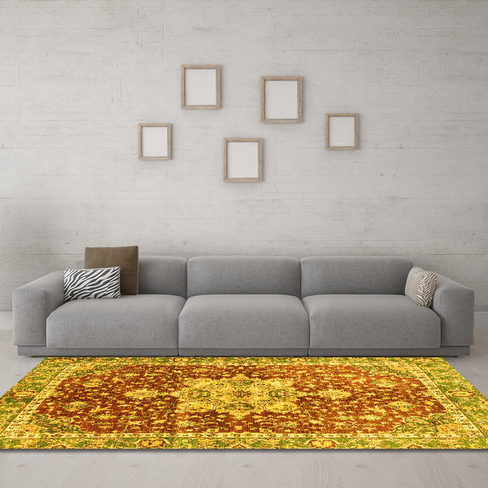 Machine Washable Abstract Yellow Modern Rug in a Living Room, wshabs3542yw