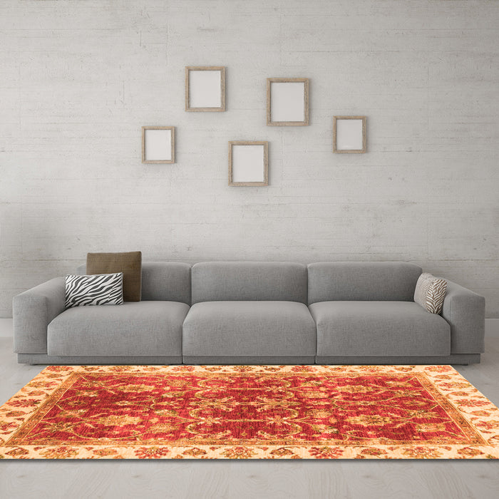 Machine Washable Abstract Orange Modern Area Rugs in a Living Room, wshabs3543org