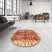 Round Machine Washable Abstract Fire Red Rug in a Office, wshabs3543