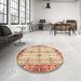 Round Machine Washable Abstract Brown Gold Rug in a Office, wshabs3545