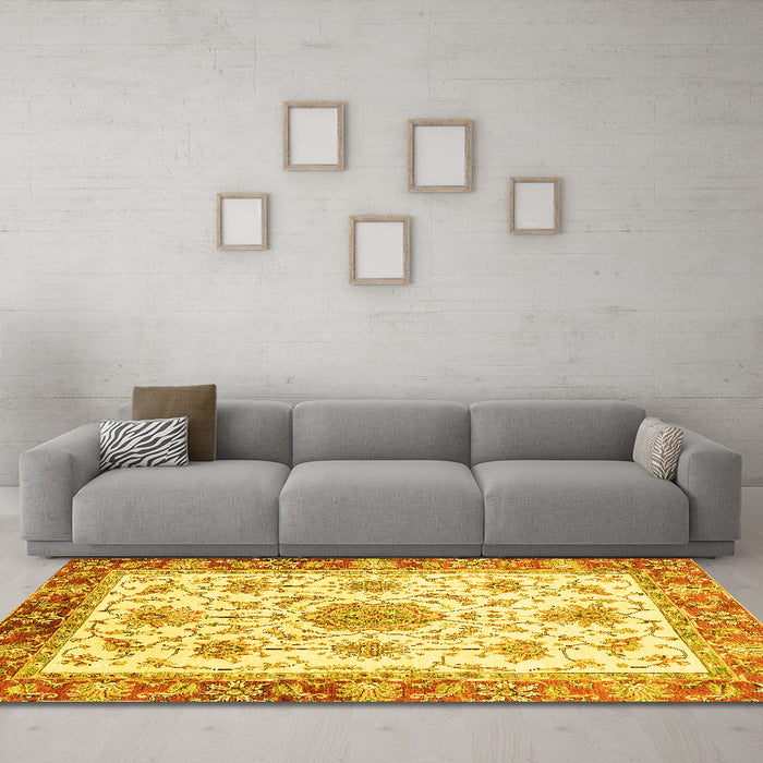 Machine Washable Abstract Yellow Modern Rug in a Living Room, wshabs3546yw