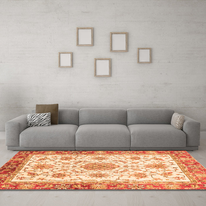 Machine Washable Abstract Orange Modern Area Rugs in a Living Room, wshabs3546org