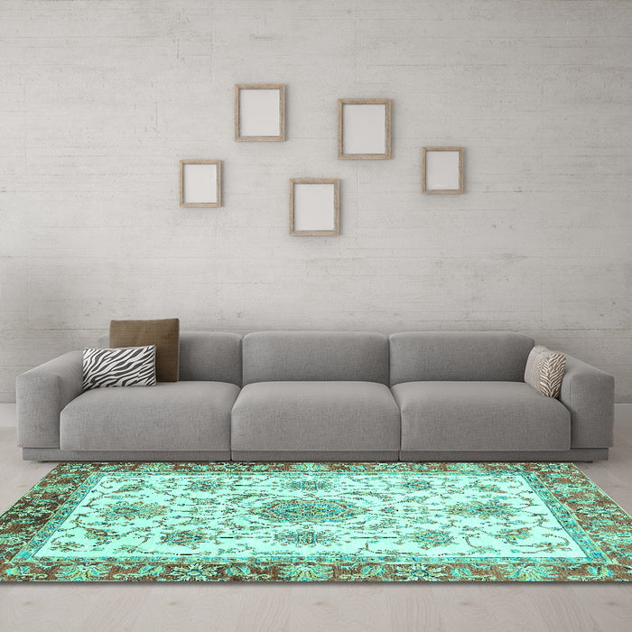 Machine Washable Abstract Turquoise Modern Area Rugs in a Living Room,, wshabs3546turq