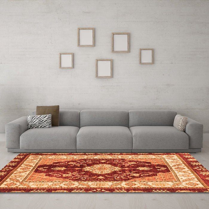 Machine Washable Abstract Orange Modern Area Rugs in a Living Room, wshabs3547org