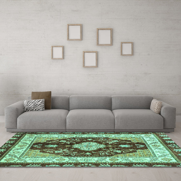 Machine Washable Abstract Turquoise Modern Area Rugs in a Living Room,, wshabs3547turq