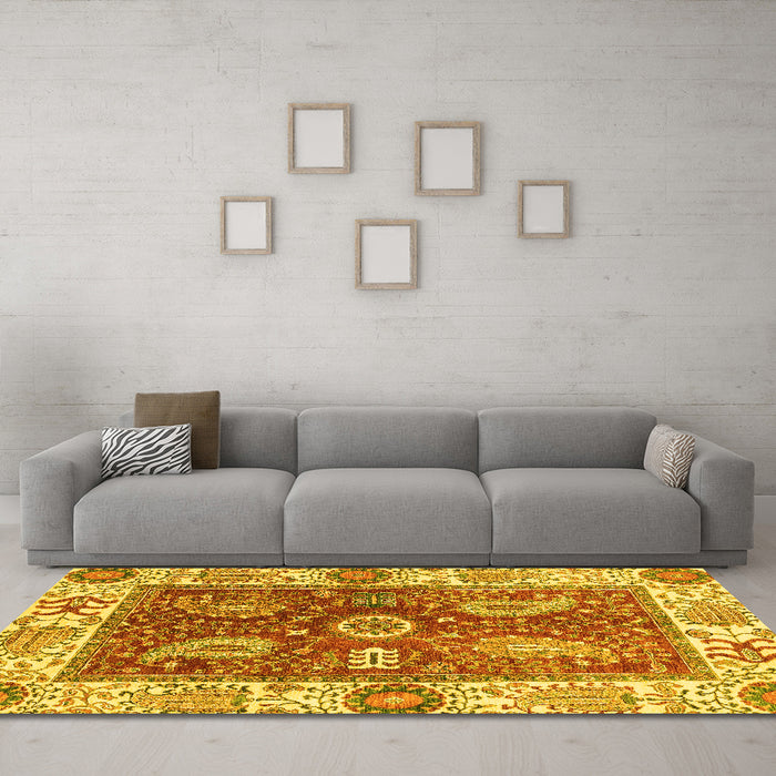 Machine Washable Oriental Yellow Traditional Rug in a Living Room, wshabs3548yw
