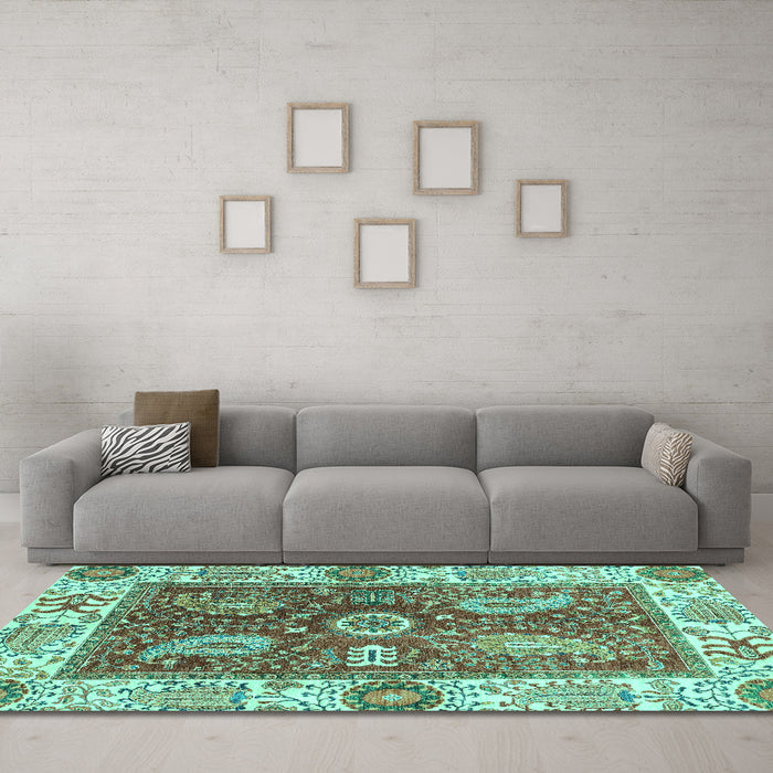 Machine Washable Oriental Turquoise Traditional Area Rugs in a Living Room,, wshabs3548turq