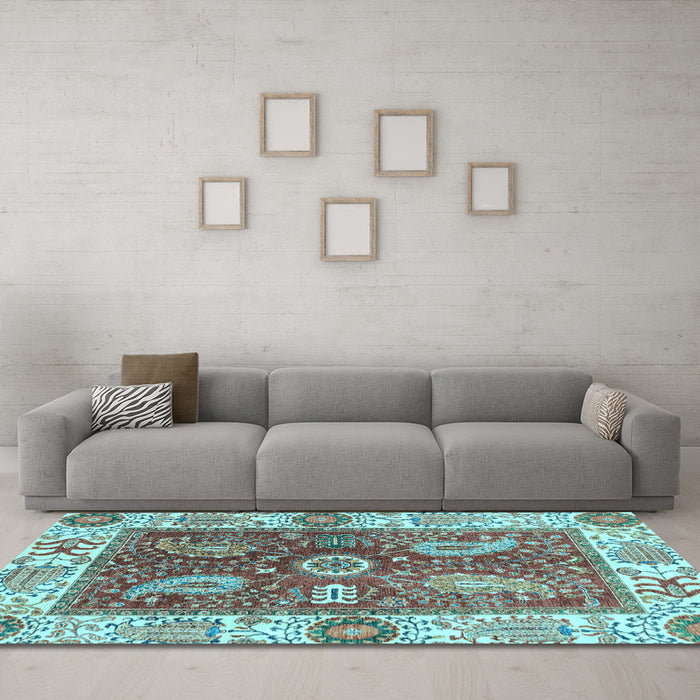 Machine Washable Oriental Light Blue Traditional Rug in a Living Room, wshabs3548lblu