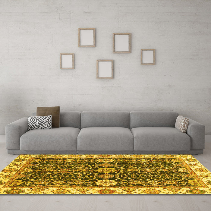 Machine Washable Oriental Yellow Traditional Rug in a Living Room, wshabs3549yw