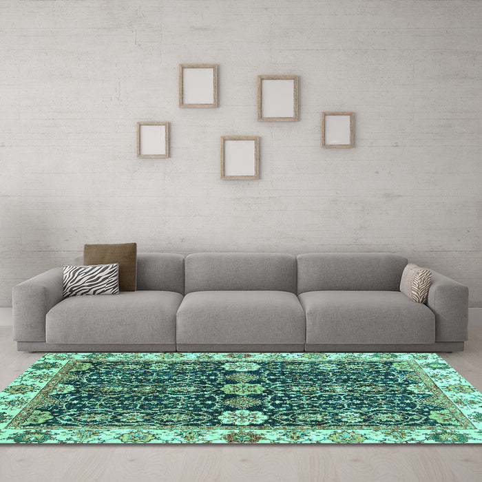 Machine Washable Oriental Turquoise Traditional Area Rugs in a Living Room,, wshabs3549turq