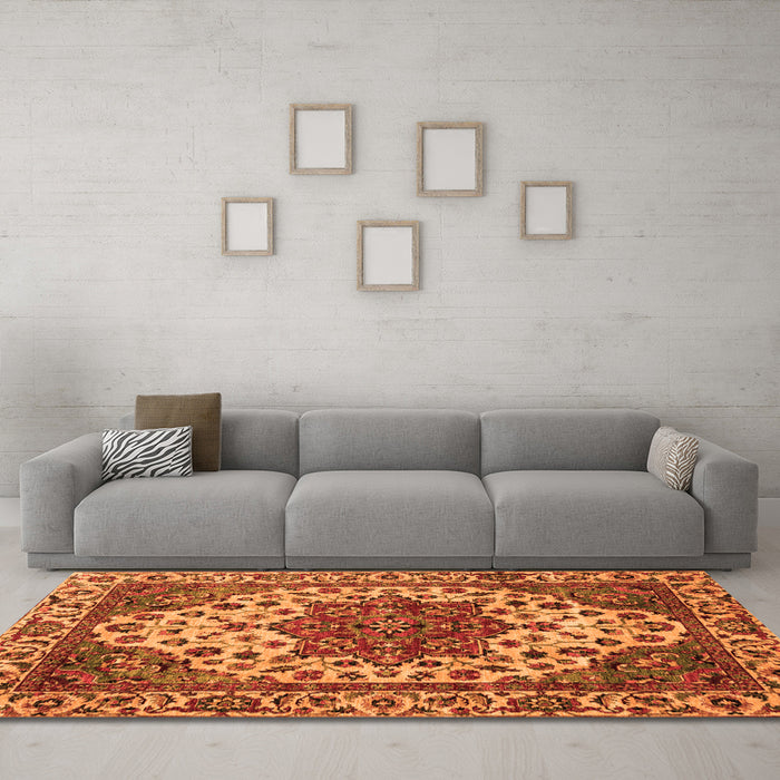 Machine Washable Abstract Orange Modern Area Rugs in a Living Room, wshabs3550org