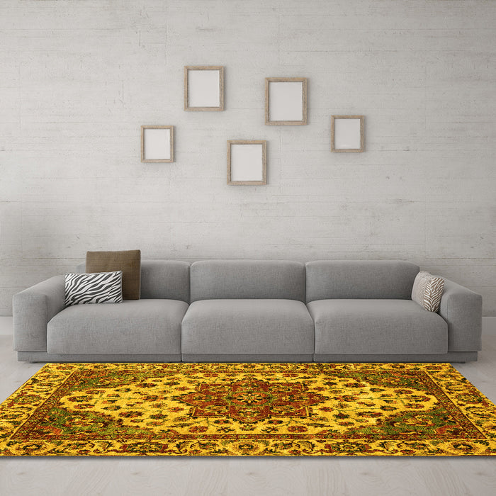Machine Washable Abstract Yellow Modern Rug in a Living Room, wshabs3550yw