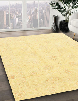 Abstract Chrome Gold Yellow Oriental Rug in Family Room, abs3552