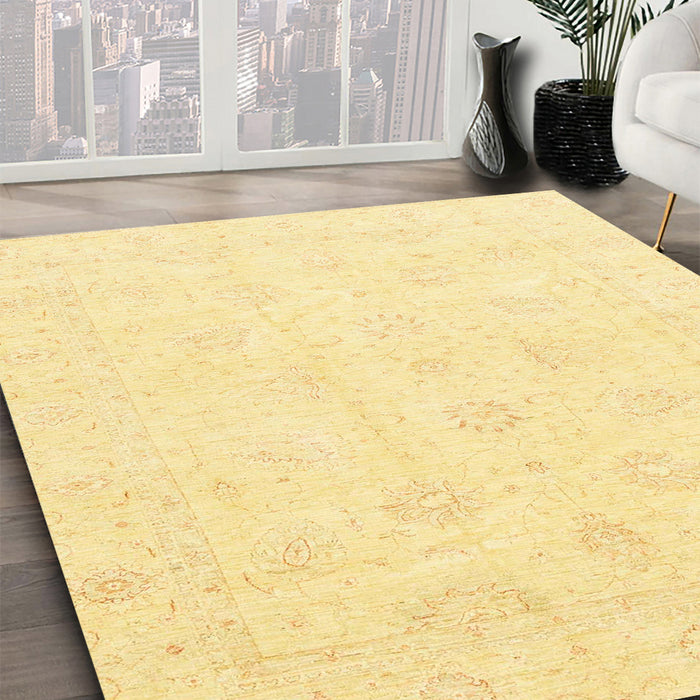 Abstract Chrome Gold Yellow Oriental Rug in Family Room, abs3552