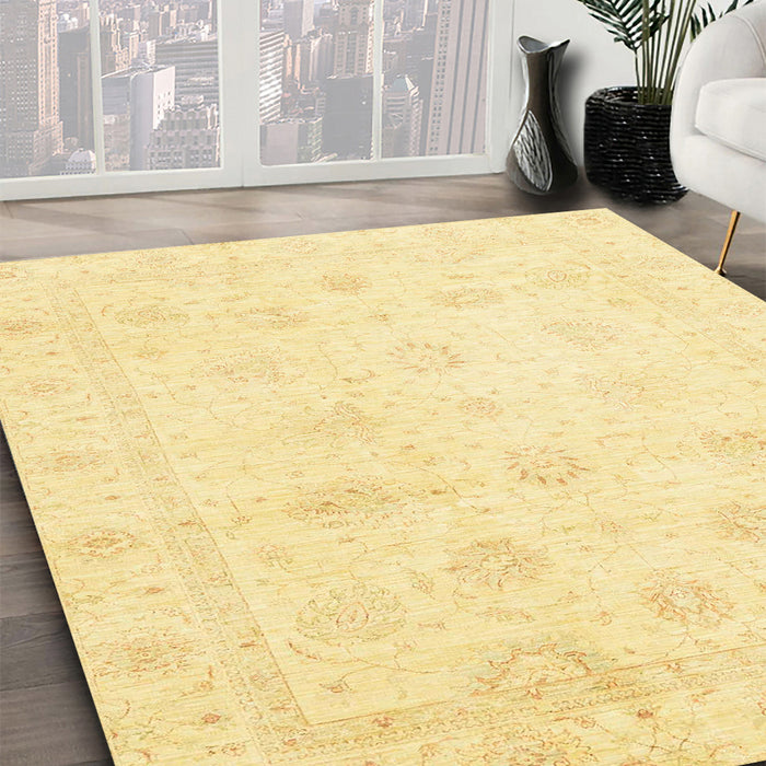 Abstract Chrome Gold Yellow Oriental Rug in Family Room, abs3553