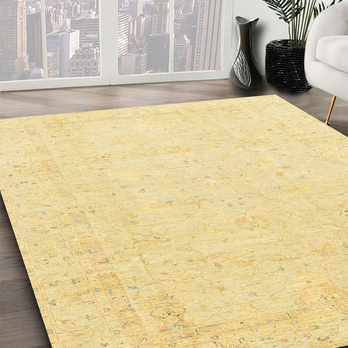 Abstract Chrome Gold Yellow Oriental Rug in Family Room, abs3554