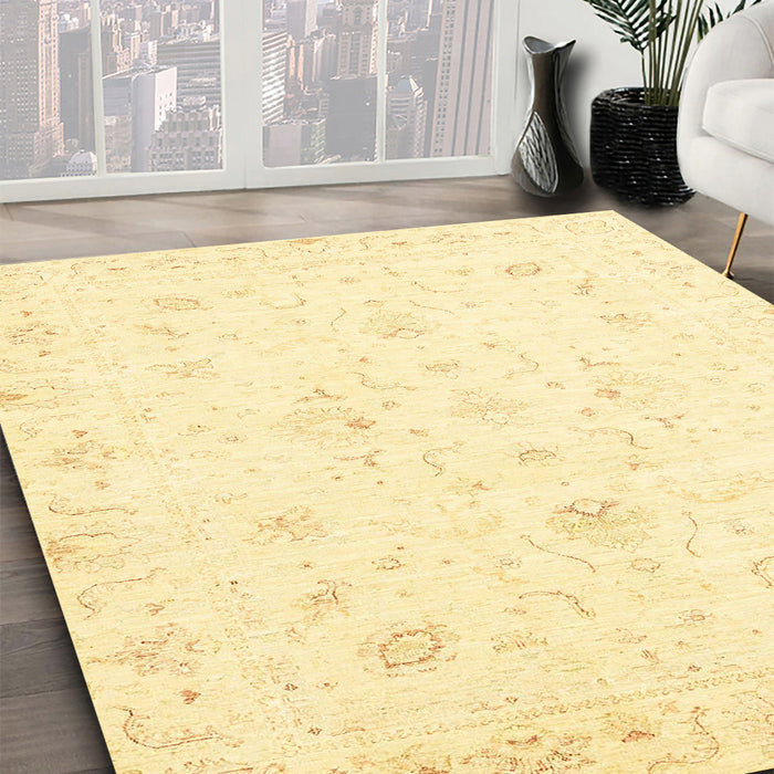 Abstract Mustard Yellow Oriental Rug in Family Room, abs3555