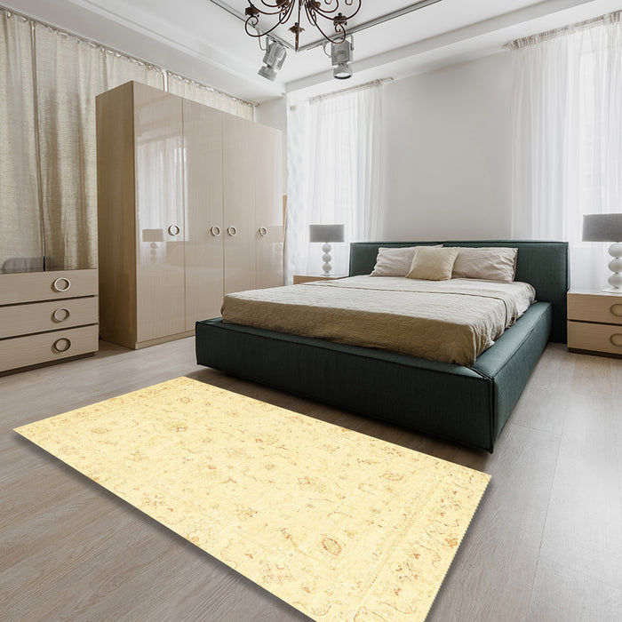 Abstract Mustard Yellow Oriental Rug in a Bedroom, abs3555