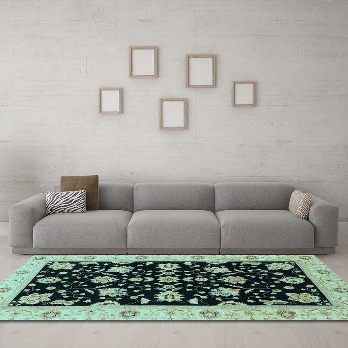 Machine Washable Oriental Light Blue Traditional Rug in a Living Room, wshabs3557lblu