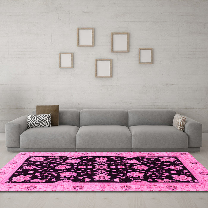 Machine Washable Oriental Pink Traditional Rug in a Living Room, wshabs3557pnk