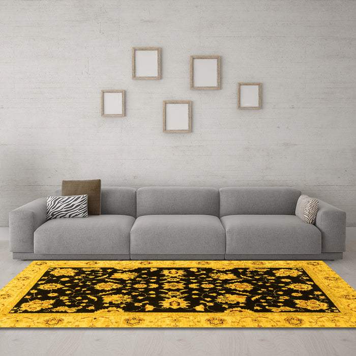 Machine Washable Oriental Yellow Traditional Rug in a Living Room, wshabs3557yw