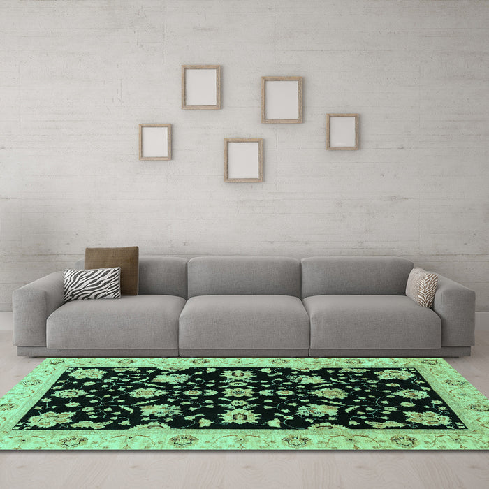 Machine Washable Oriental Turquoise Traditional Area Rugs in a Living Room,, wshabs3557turq