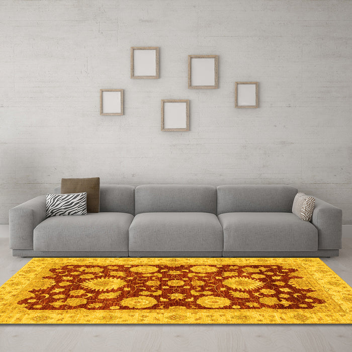 Machine Washable Oriental Yellow Traditional Rug in a Living Room, wshabs3560yw