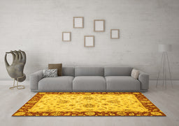 Machine Washable Oriental Yellow Traditional Rug in a Living Room, wshabs3562yw