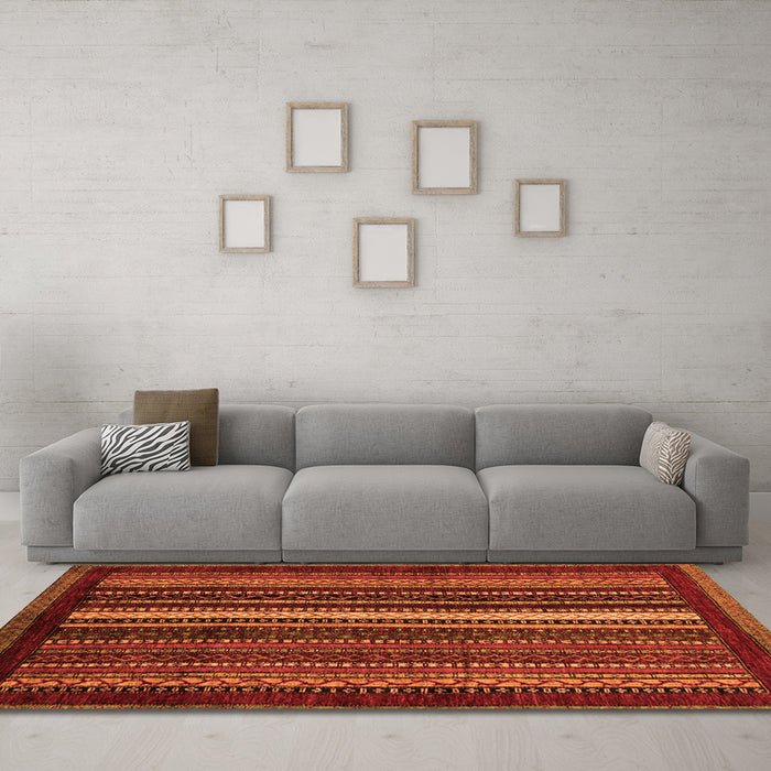 Machine Washable Abstract Orange Modern Area Rugs in a Living Room, wshabs3566org