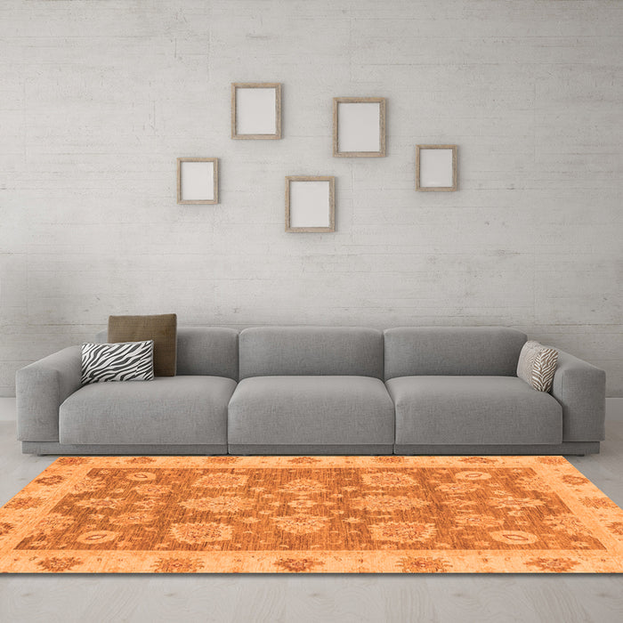 Machine Washable Abstract Orange Modern Area Rugs in a Living Room, wshabs3567org