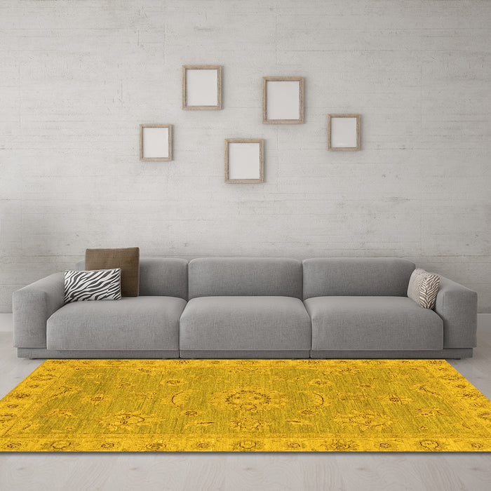 Machine Washable Oriental Yellow Traditional Rug in a Living Room, wshabs3568yw