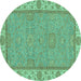 Round Machine Washable Oriental Turquoise Traditional Area Rugs, wshabs3574turq