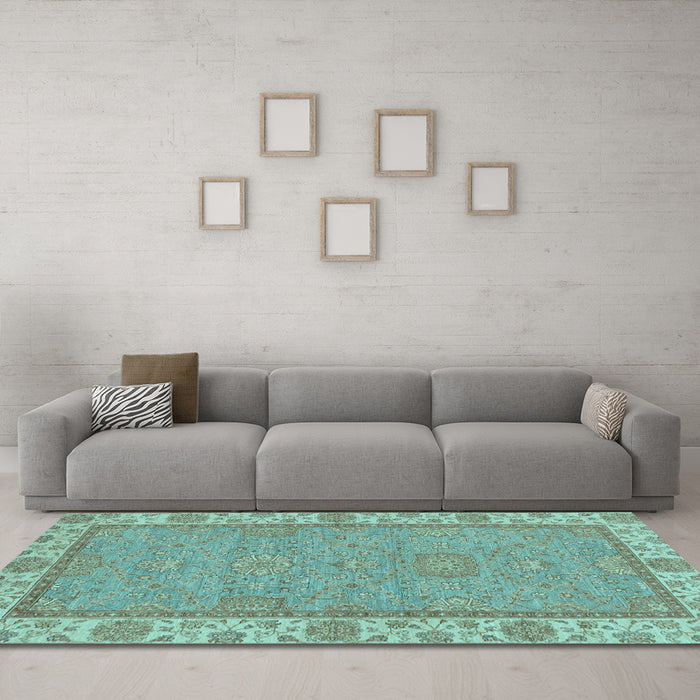 Machine Washable Oriental Light Blue Traditional Rug in a Living Room, wshabs3574lblu