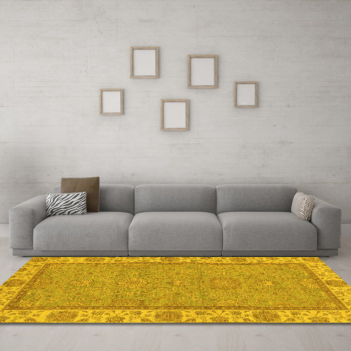 Machine Washable Oriental Yellow Traditional Rug in a Living Room, wshabs3574yw