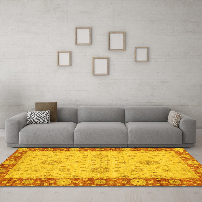 Machine Washable Oriental Yellow Traditional Rug in a Living Room, wshabs3575yw