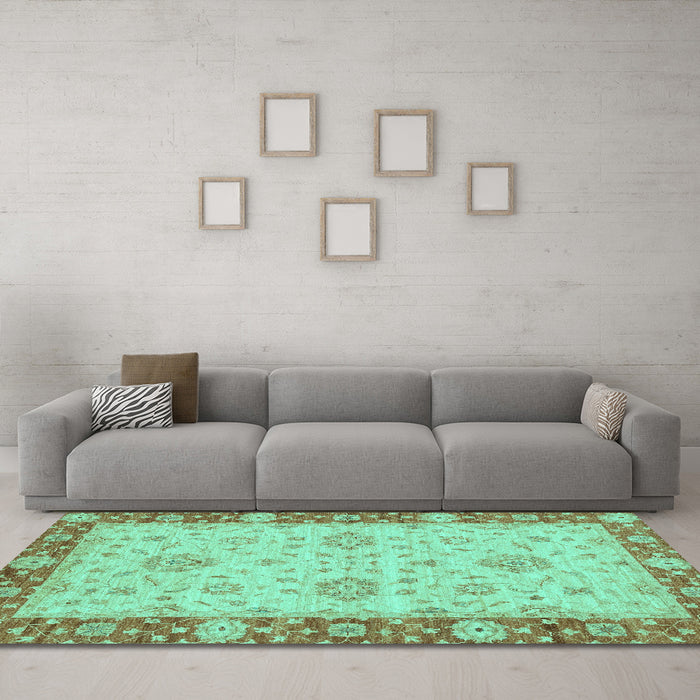 Machine Washable Oriental Turquoise Traditional Area Rugs in a Living Room,, wshabs3575turq