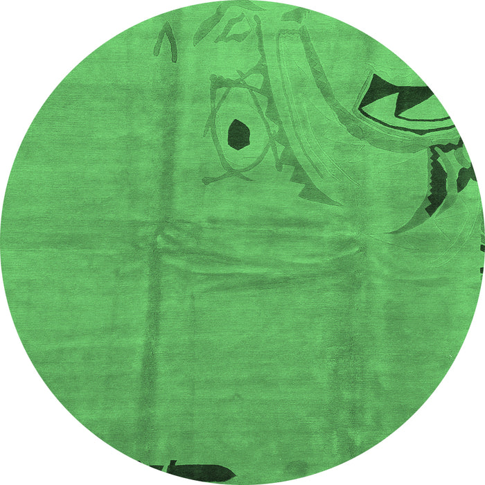 Round Machine Washable Abstract Emerald Green Modern Area Rugs, wshabs3585emgrn