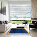 Square Abstract Denim Dark Blue Oriental Rug in a Living Room, abs3594