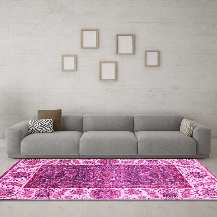 Machine Washable Oriental Pink Traditional Rug in a Living Room, wshabs3599pnk