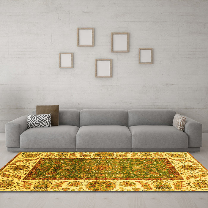 Machine Washable Oriental Yellow Traditional Rug in a Living Room, wshabs3599yw