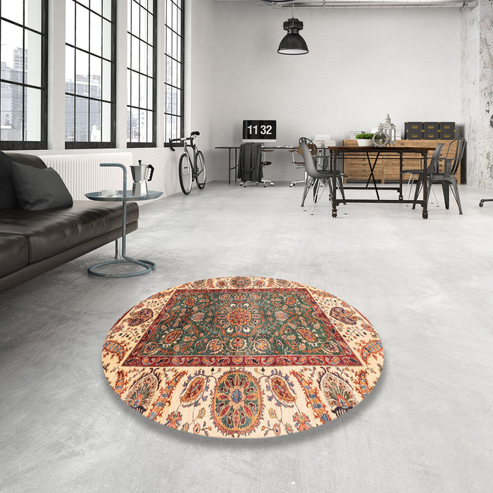 Round Abstract Yellow Oriental Rug in a Office, abs3599