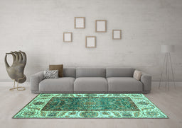 Machine Washable Oriental Turquoise Traditional Area Rugs in a Living Room,, wshabs3599turq