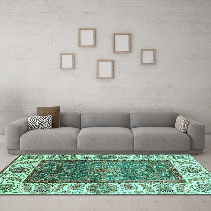 Machine Washable Oriental Turquoise Traditional Area Rugs in a Living Room,, wshabs3599turq