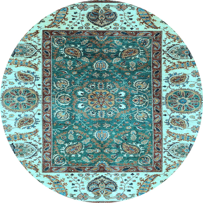 Round Machine Washable Oriental Light Blue Traditional Rug, wshabs3599lblu