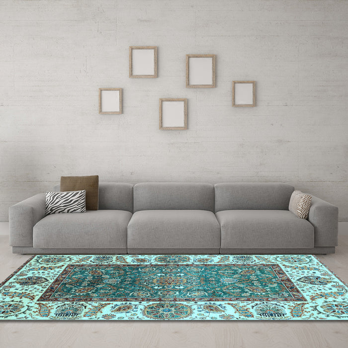 Machine Washable Oriental Light Blue Traditional Rug in a Living Room, wshabs3599lblu