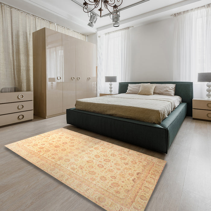 Abstract Mustard Yellow Oriental Rug in a Bedroom, abs35