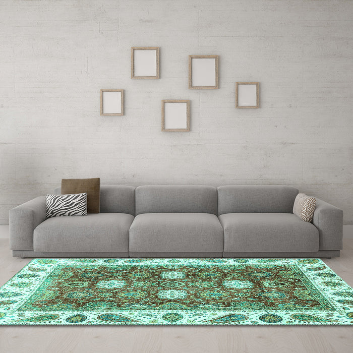 Machine Washable Oriental Turquoise Traditional Area Rugs in a Living Room,, wshabs3602turq